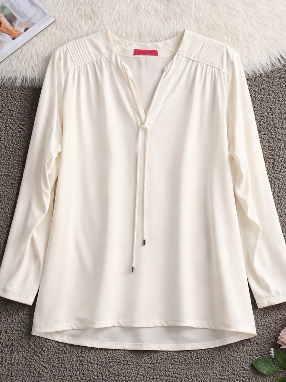 Women's Modal White Tie-Front V-Neck Blouse